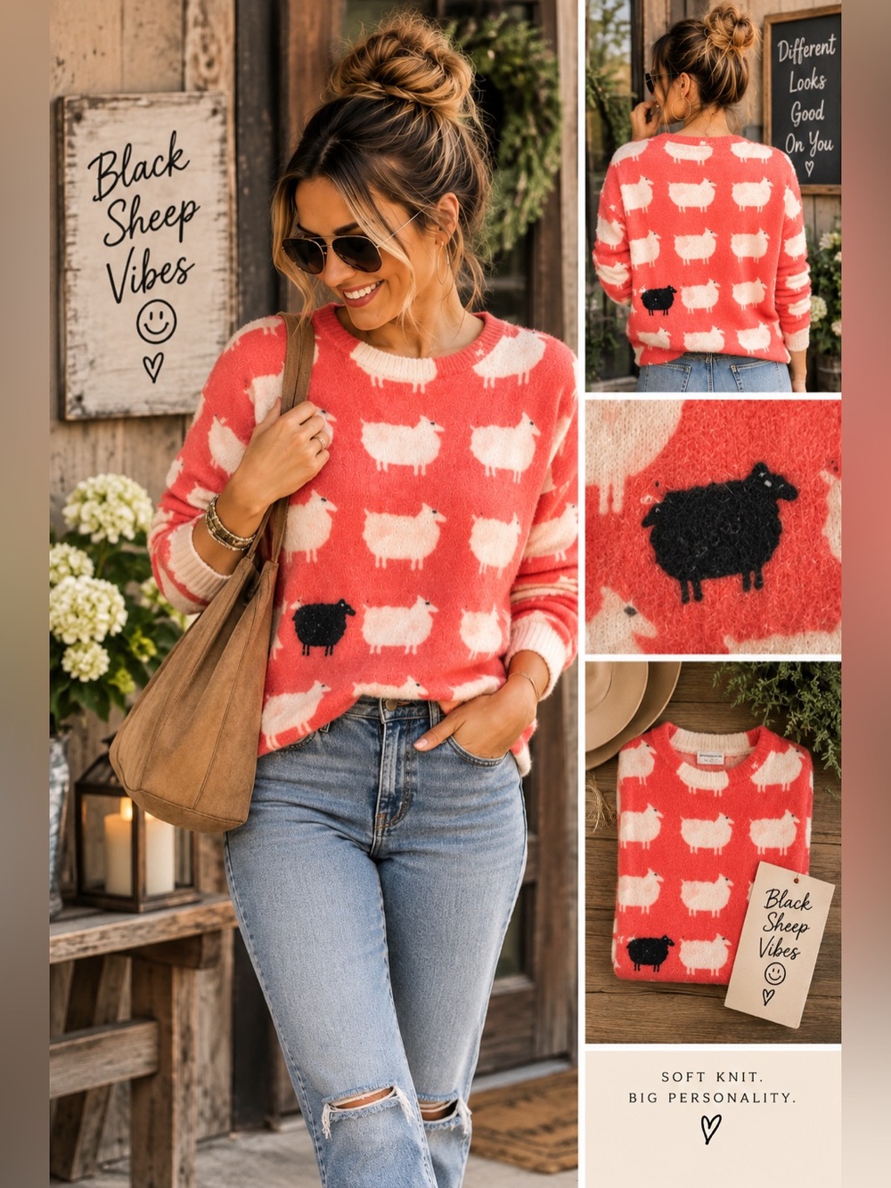 Black Sheep Vibes Fuzzy Sheep Novelty Sweater Coral Cozy Statement Knit Size M